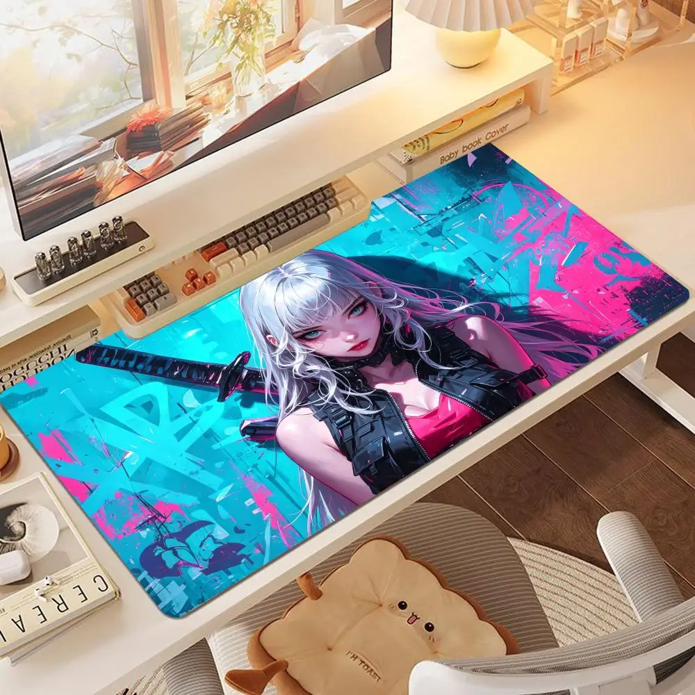 Bright Smooth High Definition Print Neon Silver Haired Swordswoman Mouse Pads Table Mat For Home Office Gaming Desks