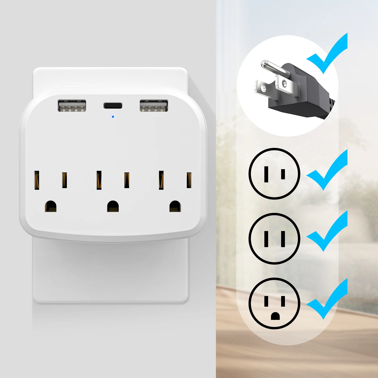 6-in-1 US plug travel conversion socket with 2 sockets 2SUB1Type-c port power extender Canada-Brazil conversion plug