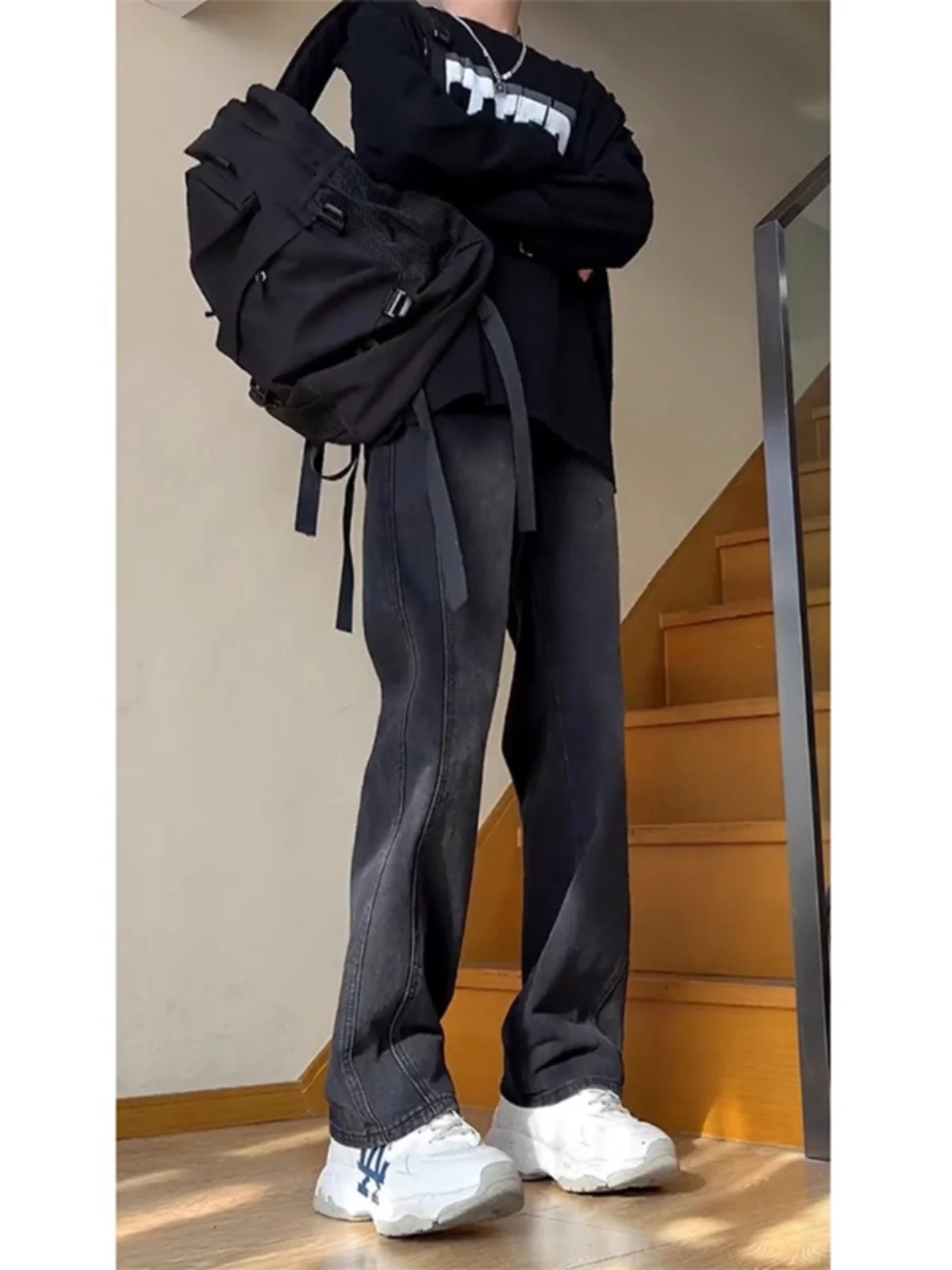 

Black Washed Denim Jeans Men's Spring Autumn Straight Leg Drapey Pants College Style Cool Straight Tube Trousers