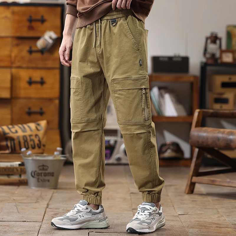 

Autumn Winter Large Pocket Cargo Pants Loose Overalls Men's Outdoor Jogging Pants Elastic Waist Pure Cotton Casual Work Trousers