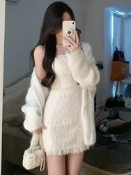 Autumn Winter Chic Slim Solid 2 Piece Set Women Fashion Design Loose Long Sleeve Sweater Cardigan + Elegant Sweet Lace Dress New