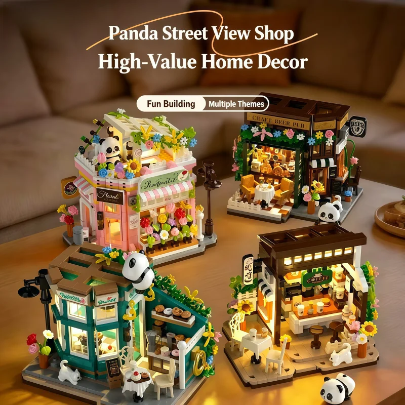 Mini Panda-themed Street View Building Blocks, Multiple Styles Available: Coffee Shop / Bakery / Bar / Flower House, Building Bl