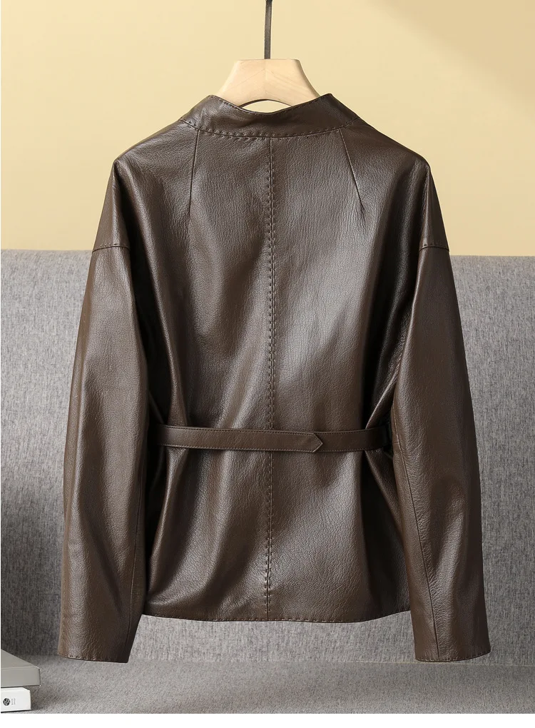 Blouson en cuir véritable femme, court, col rond, sans col