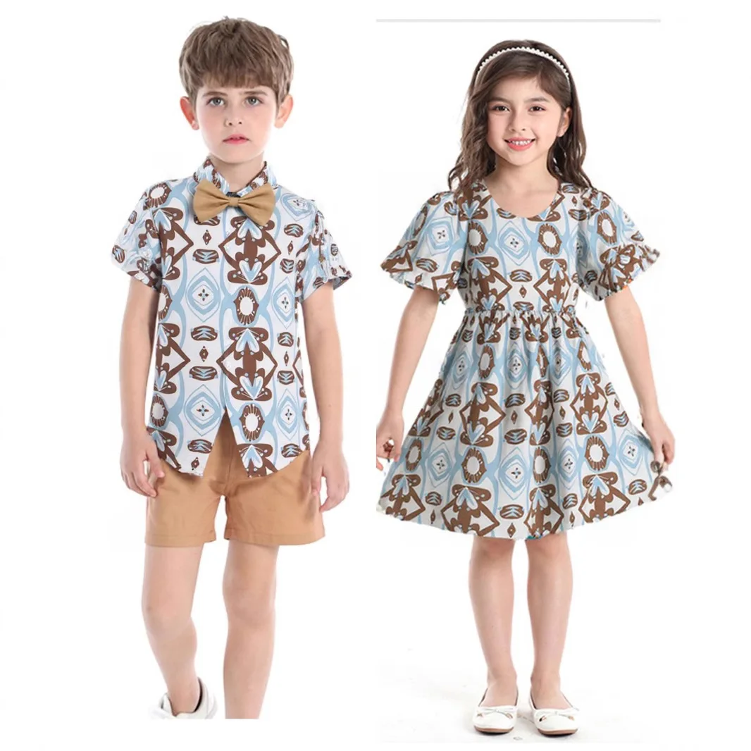 RAISE Summer Kids Siblings Attire Muslin Floral Printed Children Girls Short Sleeve Dress Casual Leopard Print Shirs+shorts Suit