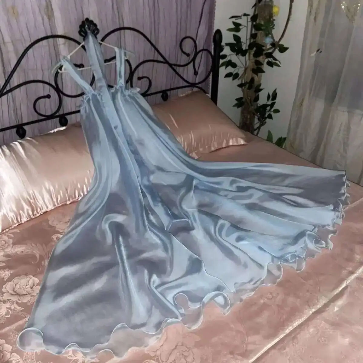 Glossy See Through Ultra Thin Women Satin Sleeveless Long dress Loose Ruffles Dress Sleeping Robe