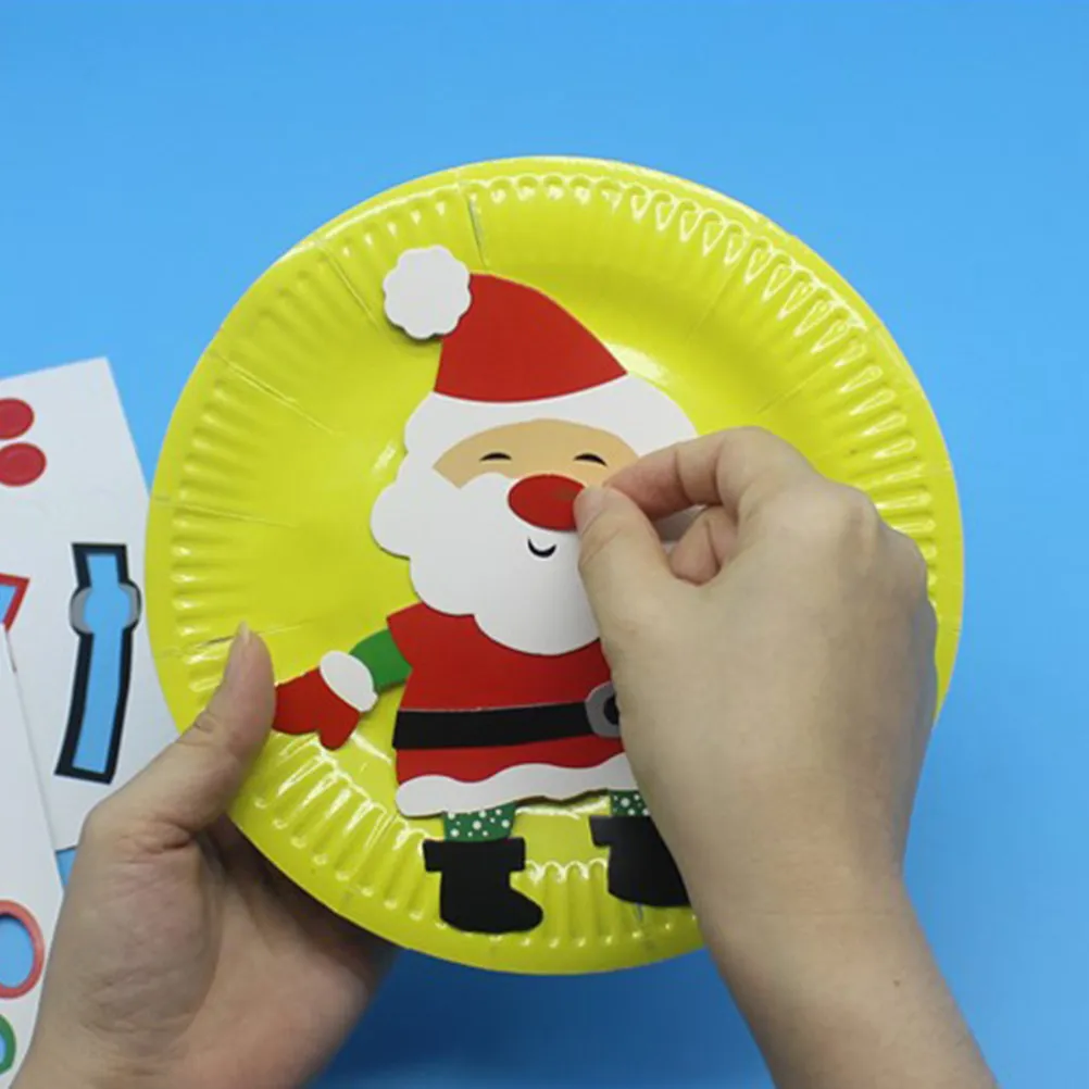 6Pcs Christmas Paper Tray Sticker DIY Material Kit Children Handmade Painting Educational Craft Paper Plate Decoration Art