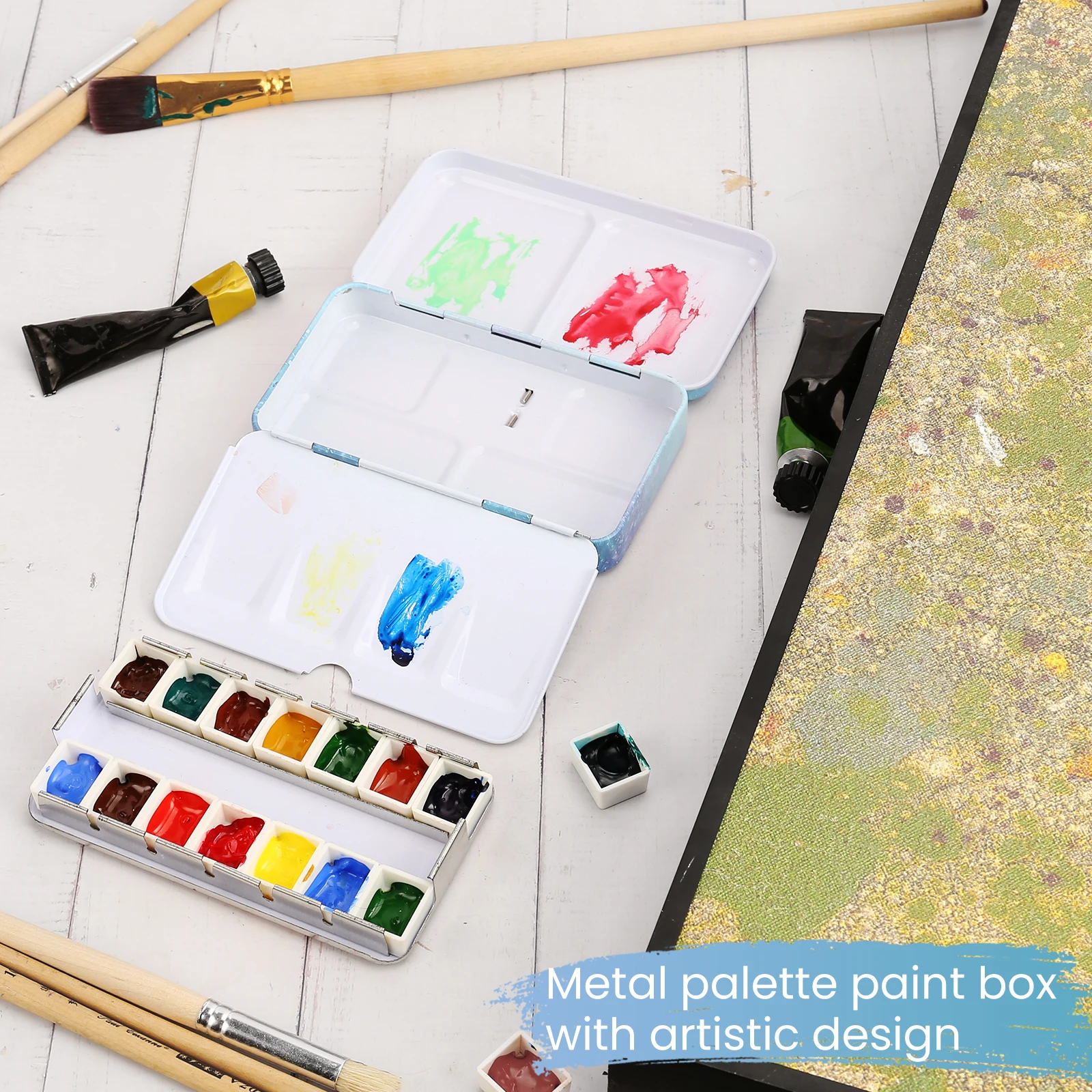 Paleta de lata de aquarela, caixa de pintura vazia de metal com 14 peças de meia panela vazia para paleta de aquarela de viagem DIY