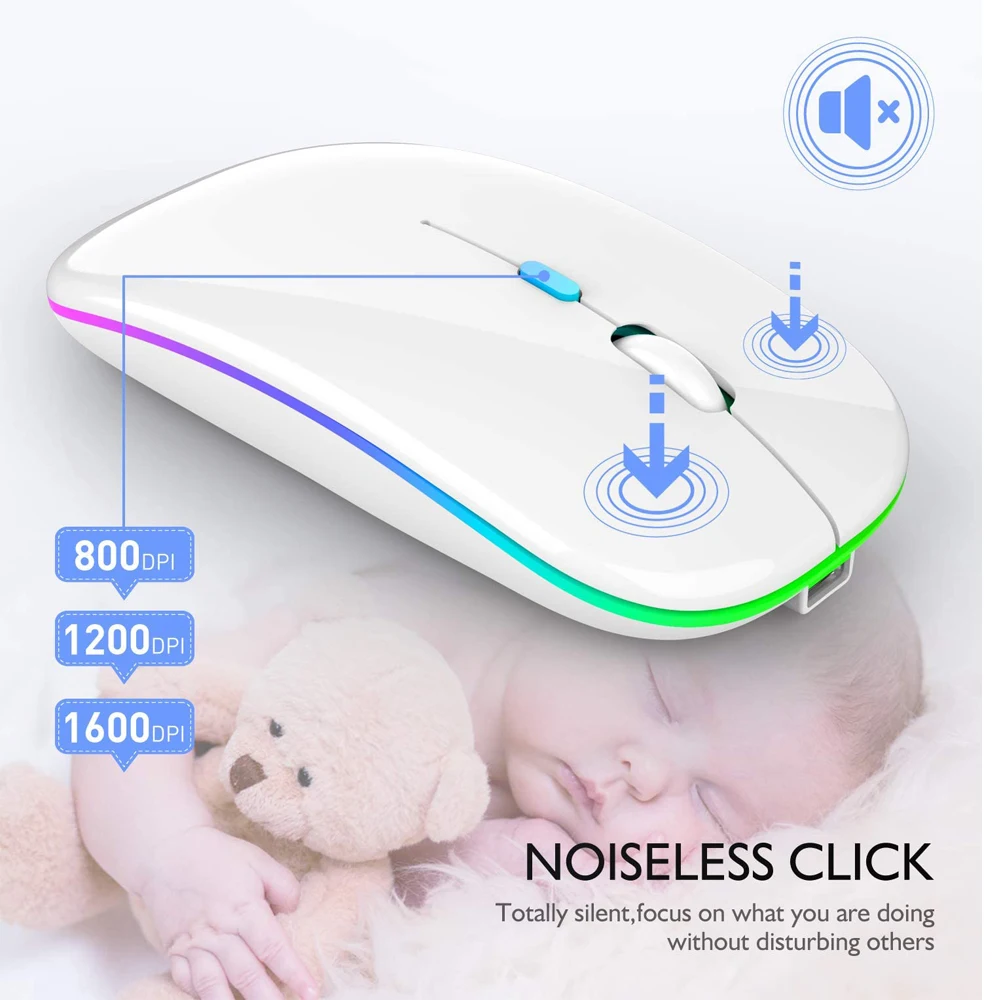 Ratón de trabajo inalámbrico de 2,4 GHz, periférico silencioso y ergonómico con retroiluminación, recargable por USB, LED, RGB, para ordenador