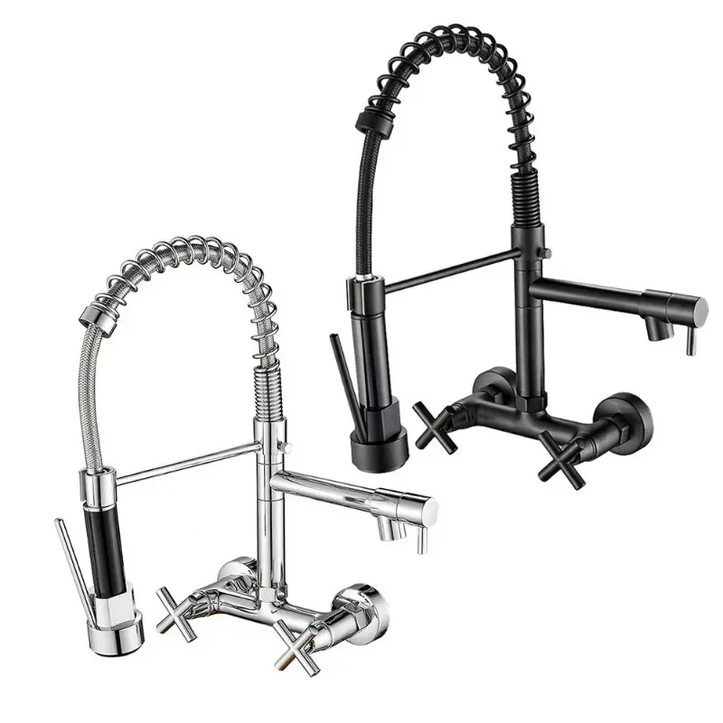 grifo-de-cocina-de-pared-color-negro-mate-con-dos-manijas-para-agua-caliente-y-fria-con-dos-boquillas-giratorias-y-un-sistema-de-extraccion-de-manguera