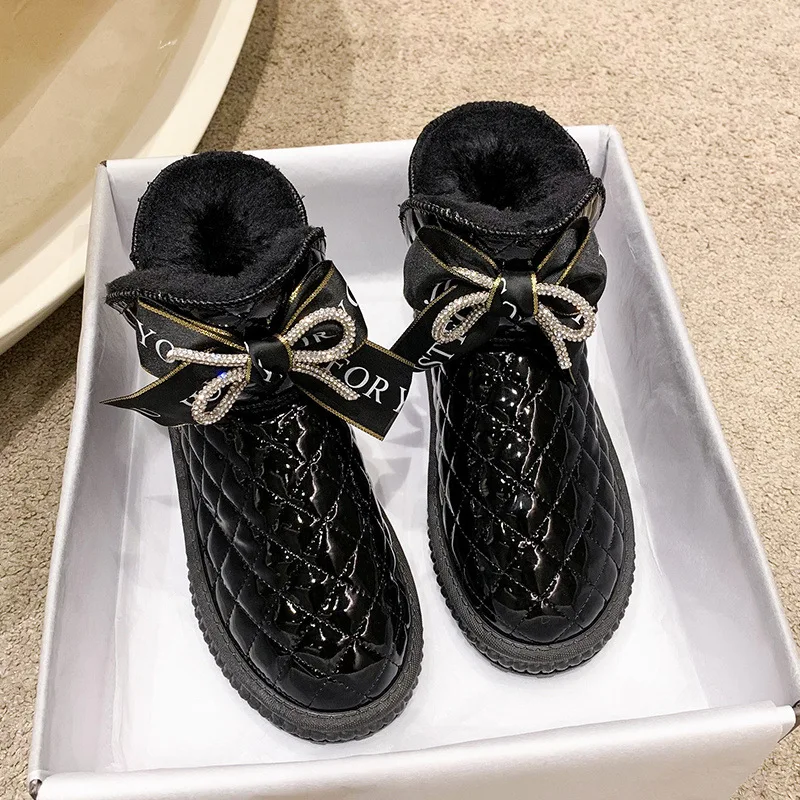 Women\'s Rubber Boots Plush Winter Footwear Luxury Designer  Female Shoes Boots-Women Crystal Flat Heel Australia Round Toe Rain