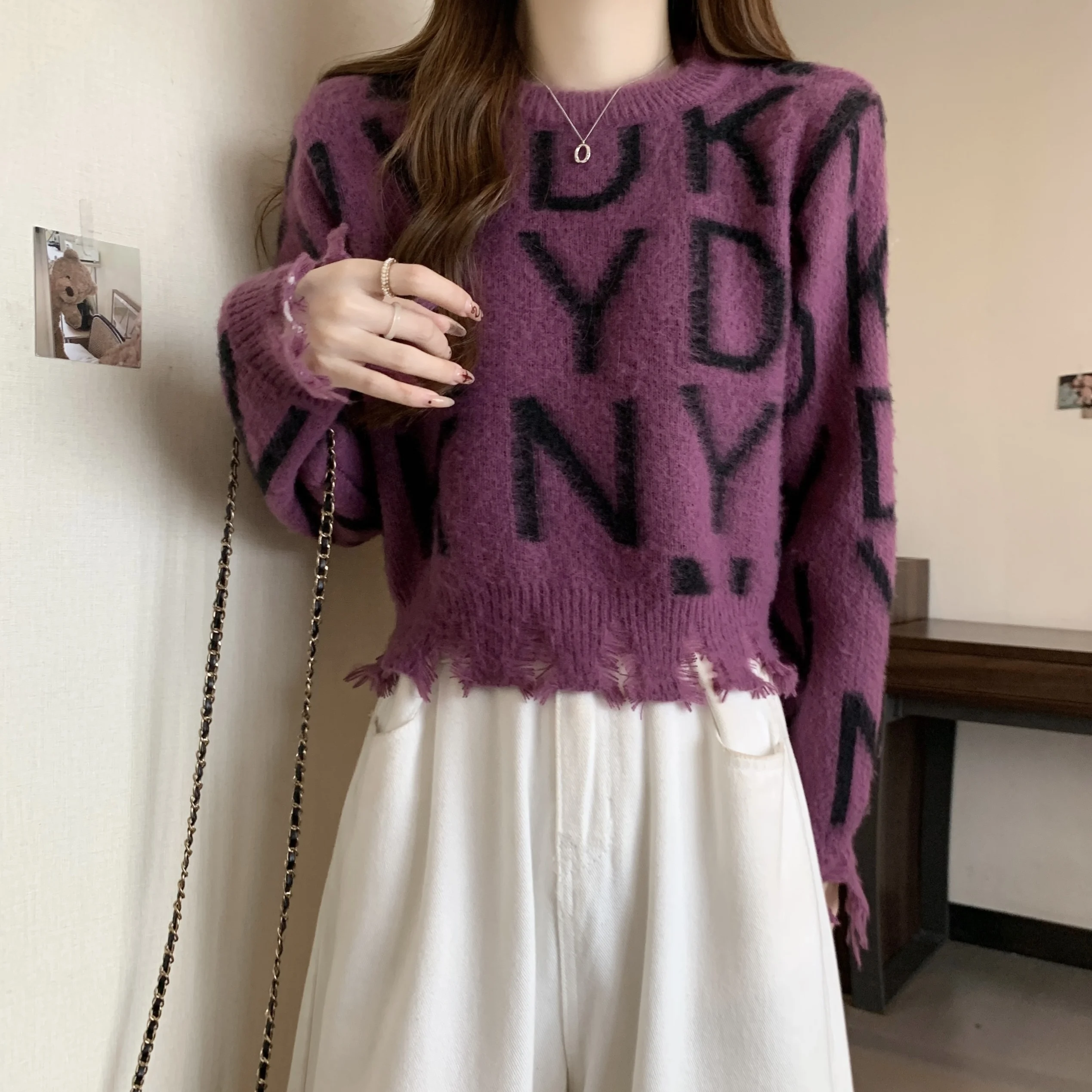 ort レディースセーター 2025年秋冬新作 ファッション ハイウエスト ホールレター刺繍 アウタートップ コットン ロングスリーブ クルーネック...