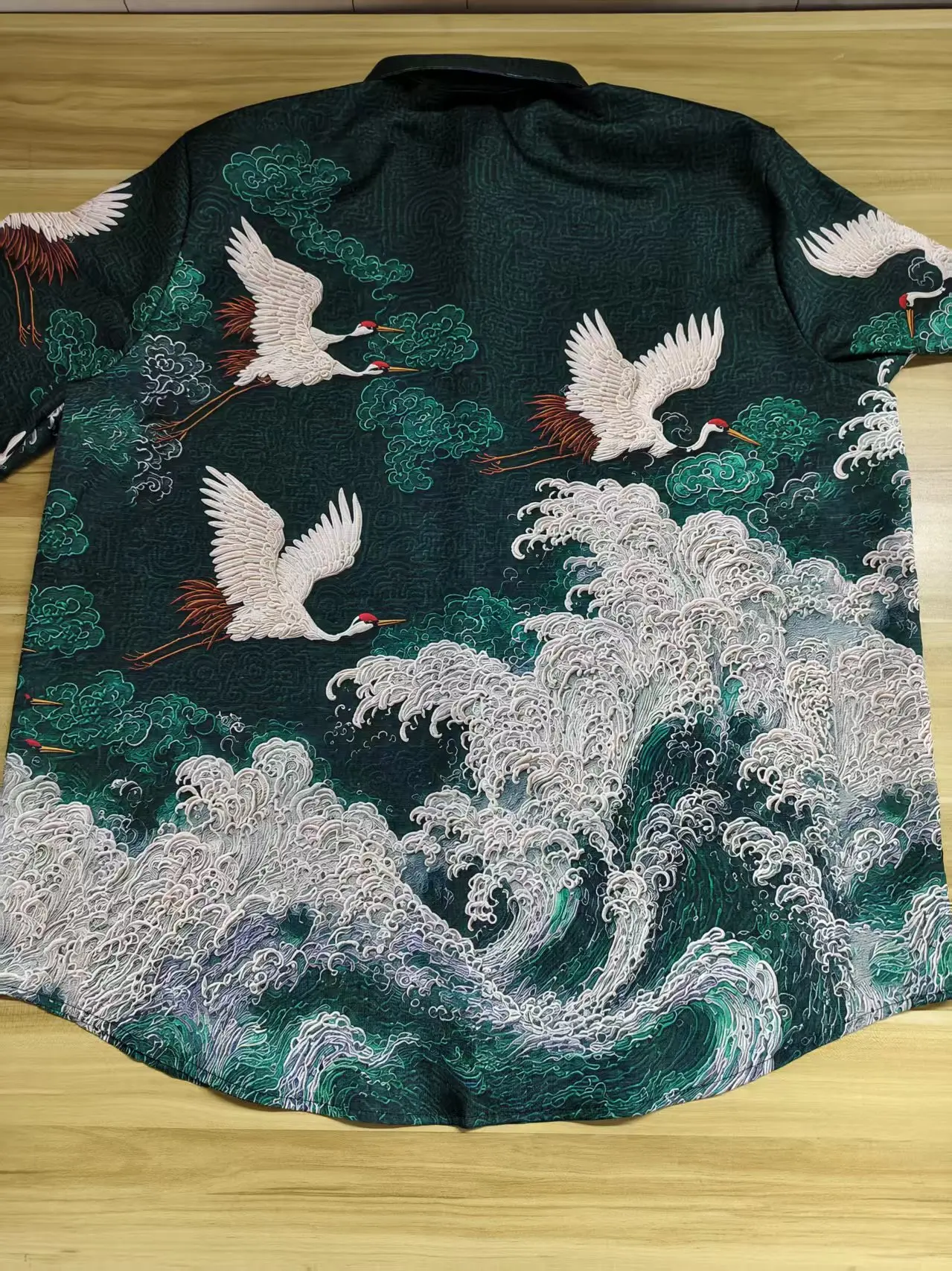 Summer men's short sleeved linen blend shirt, crane wave high-definition printed 10 color lapel button plus size Hawaiian shirt