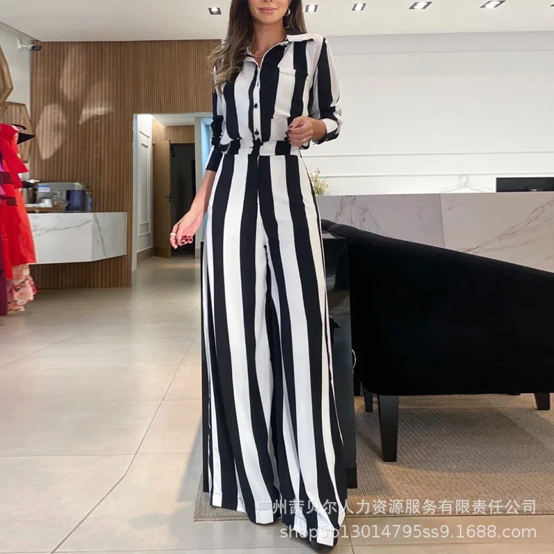 Two Piece Sets Women Striped Pants Set Elegant Turn Down Neck Full Sleeve Shirts Button High Waist Wide Leg Long Pants Casual