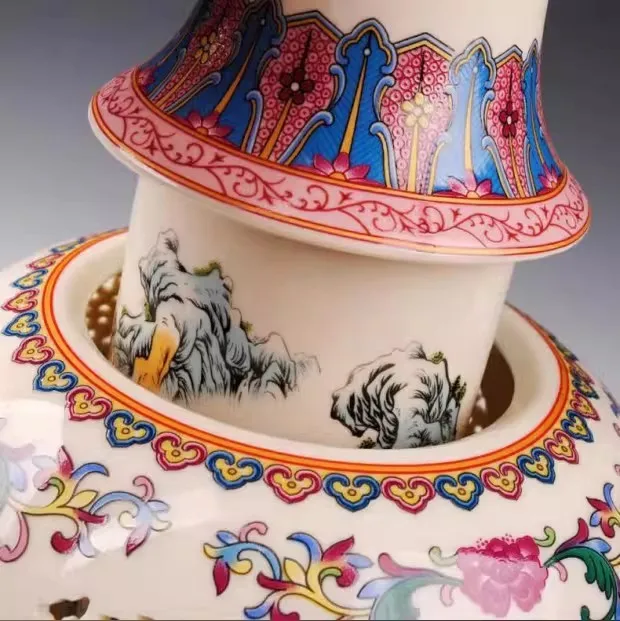Double-layer hollow porcelain vase with enamel color for living room home decoration.
