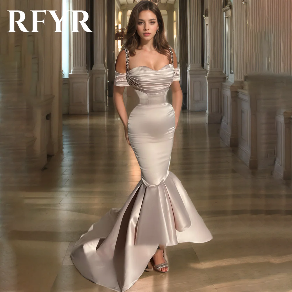 RFYR Champagne Mermaid Evening Dress Sweetheart Off the Shoulder Party Dresses Sequins Ruffle Simple Pleats Prom Gown Customized