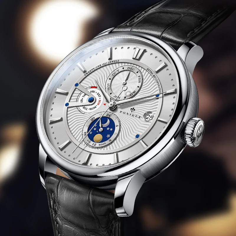 PONIGER Brand Design New Men's Watches Automatic Movement Tourbillon Watches Steel Waterproof Calendar Week Multifunction Watch