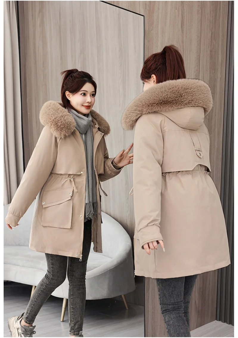 2026 New Winter Coat Down Padded Jacket Women Parkas Fur Collar Thick Hooded Cotton Coats Black Casual Outerwear Female Clothes