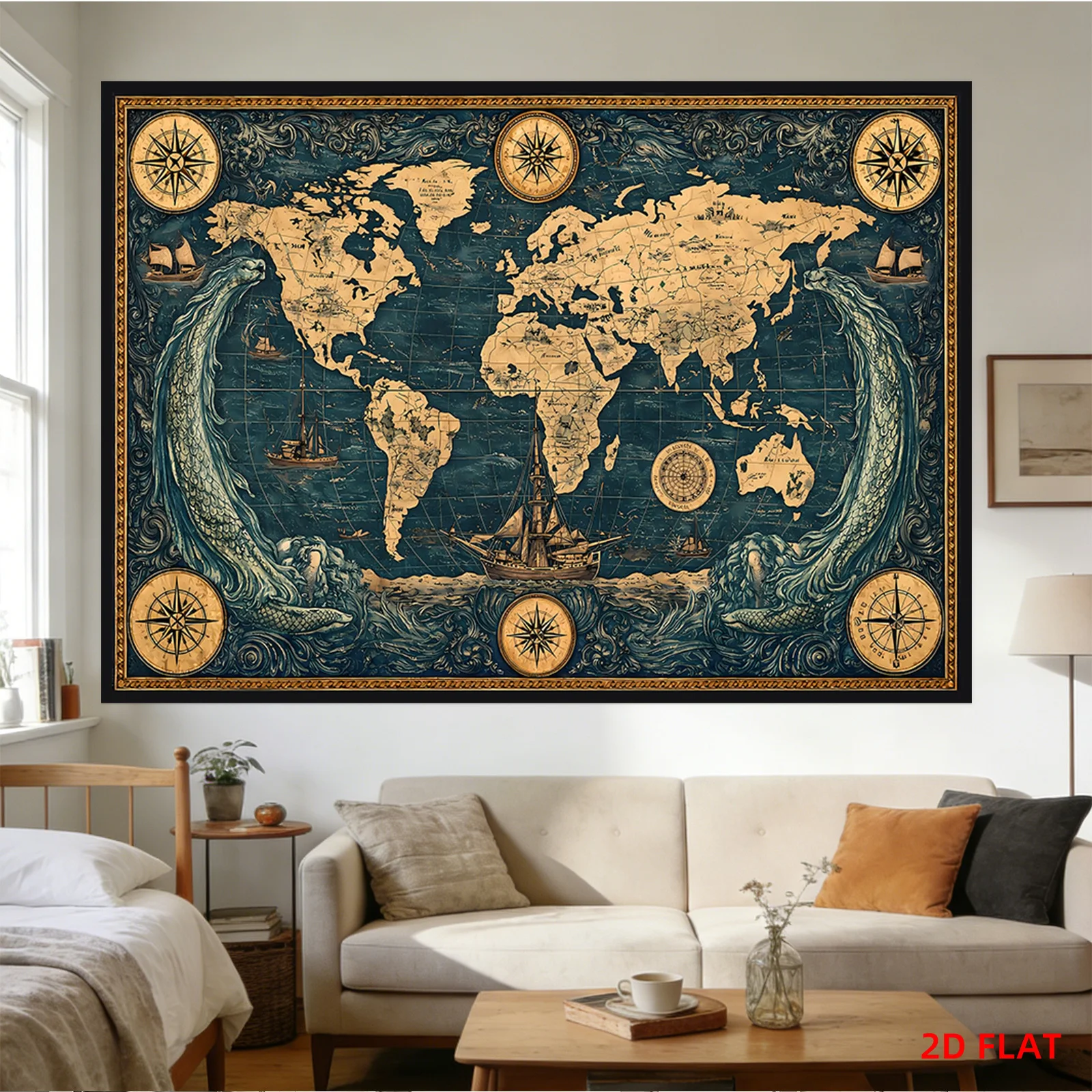 Vintage World Map Tapestry Wall Hanging Nautical Global Decor Art Antique Exploration Science Map Polyester Textile Print