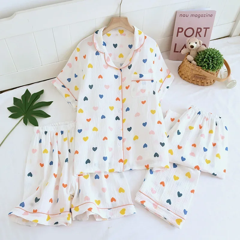 

Летние женские пижамы, комплект из 3 предметов, 100% марлевый хлопок, женская одежда для сна, комплект для спальни, длинные брюки с короткими рукавами + шорты, женская пижама