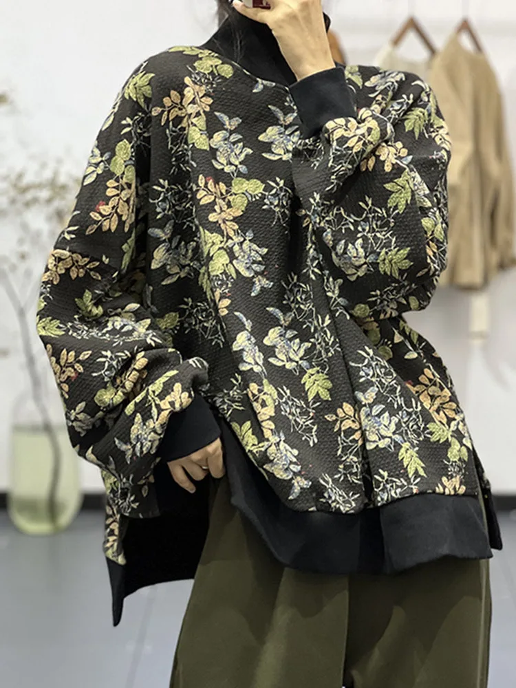 

Женская толстовка оверсайз в стиле ретро больших размеров, осенне-зимняя новинка, с принтом, высоким воротником, универсальная, свободного кроя