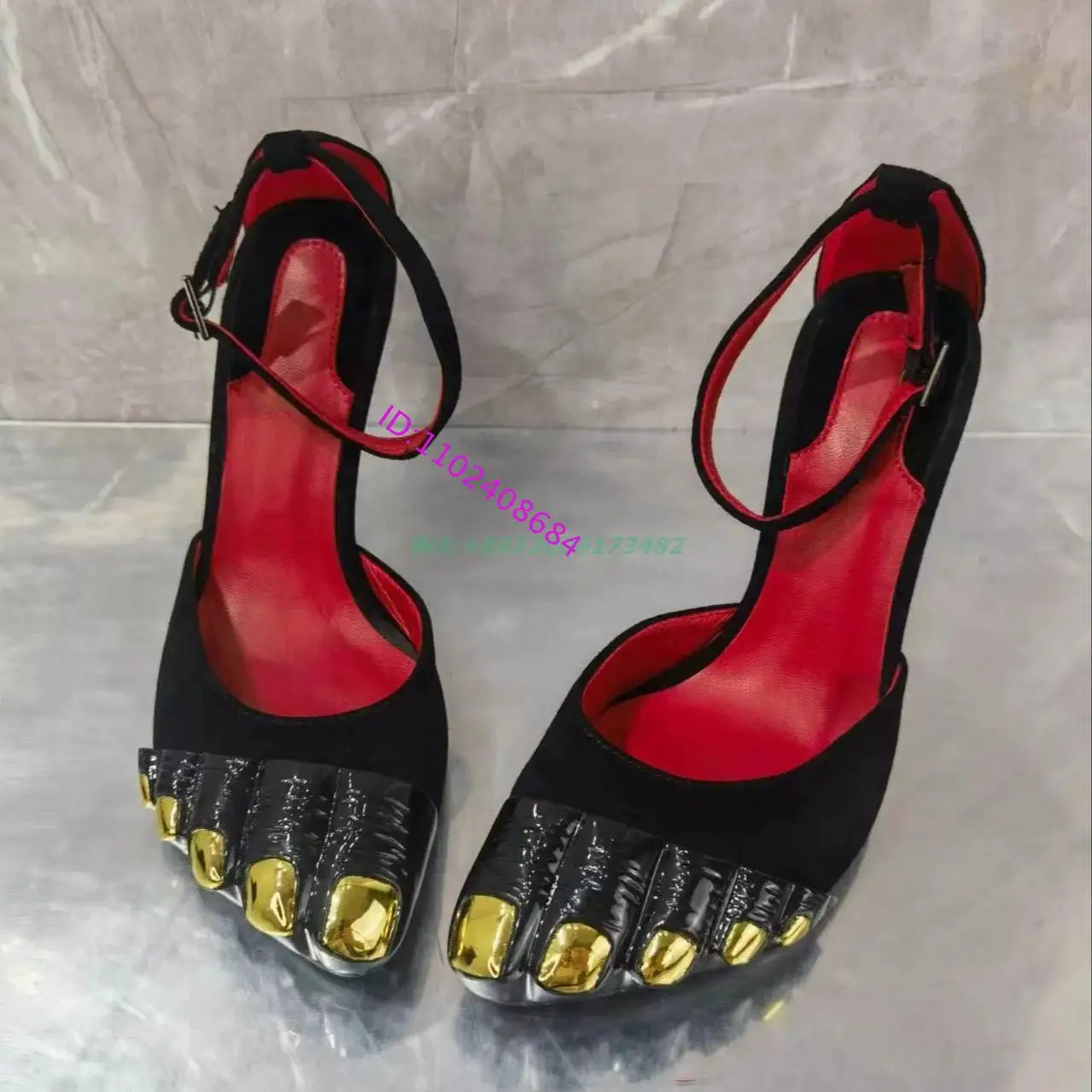 Design Women Gold Fingers High Heel Sandals Sexy Lady High Heel Summer Gold Fingers Closed Toe Buckle Sandals Plus Size 43