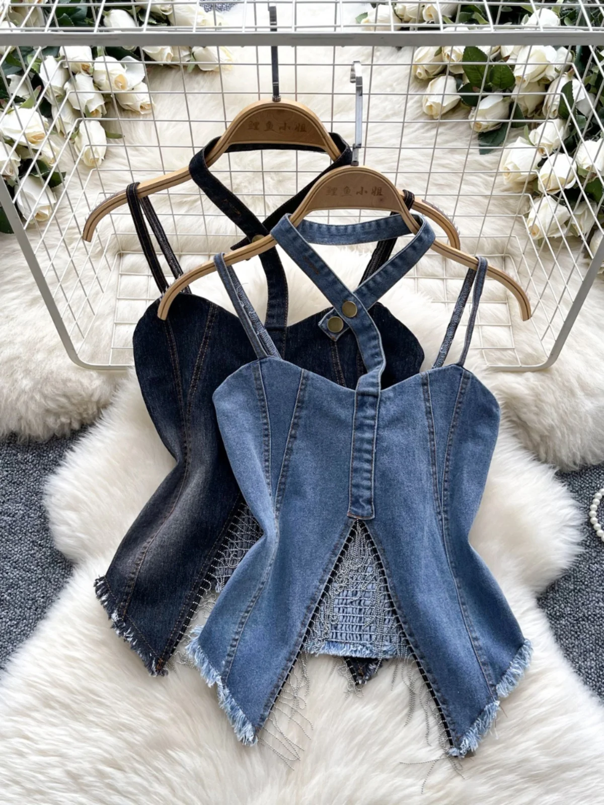 

Spicy Girl Ne Hanging Strap Denim Tube Top Women Summer Frayed Splicing Waist in Design Pure Desire Top