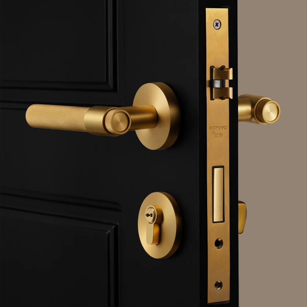 DOOROOM Luxury Brass Knurled Door Handle Set Interior Privacy Lock for Bedroom Bathroom Double Door Lever Dummy Privacy Options