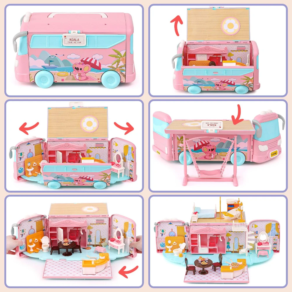 WizKidz - Doll House Playset for Girls Toys Miniature Pretend Play Portable Foldable Camper Toy Car with Furniture Accessories