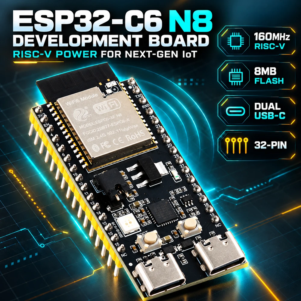 ESP32 C6 N8 Development Board WiFi 6 BT Module ESP‑IDF IDE J5 8M FLASH 32PIN CP2102 TYPE-C WiFi6 ESP32-C6-DevKitC-1 for Android