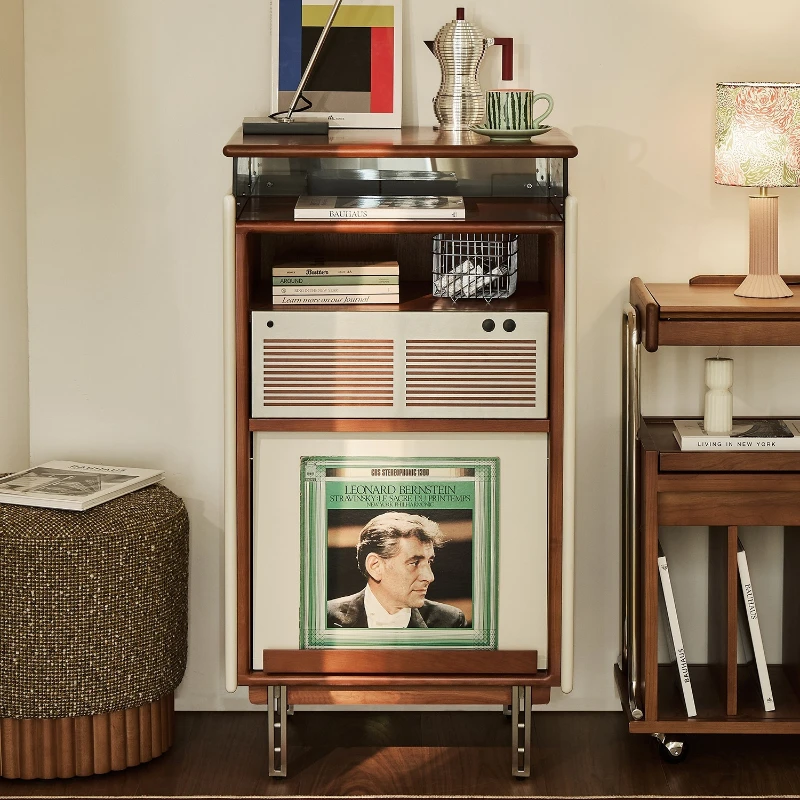 

Cherry solid wood chest of drawers, French vintage Bauhaus sofa, sideboard, living room against the wall, storage records, audio