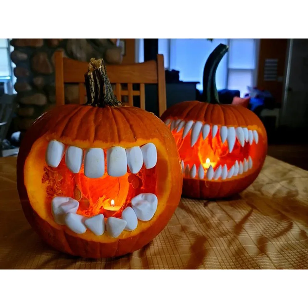Halloween Pumpkin Teeth Decorations 3D Printed Jack O Lantern Teeth Kit Sharp Fang Round Teeth Inserts Pumpkin Not Included