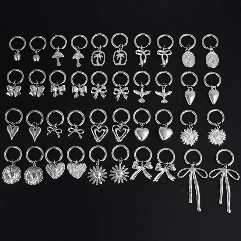 

1pair Silver Color Love Heart Bowknot Charm Earring Stainless Steel Hoops Earrings For Women Men Accessories Sunflower Jewelry