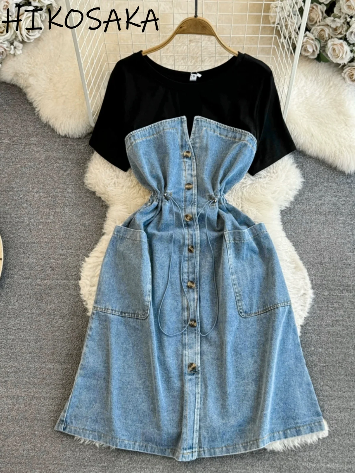 

Summer Korean Fashion Casual Robe Fake Two Piece Short Sleeve O-neck Patchwork Denim Dressslim Waist Drawstring A-line Vestidos