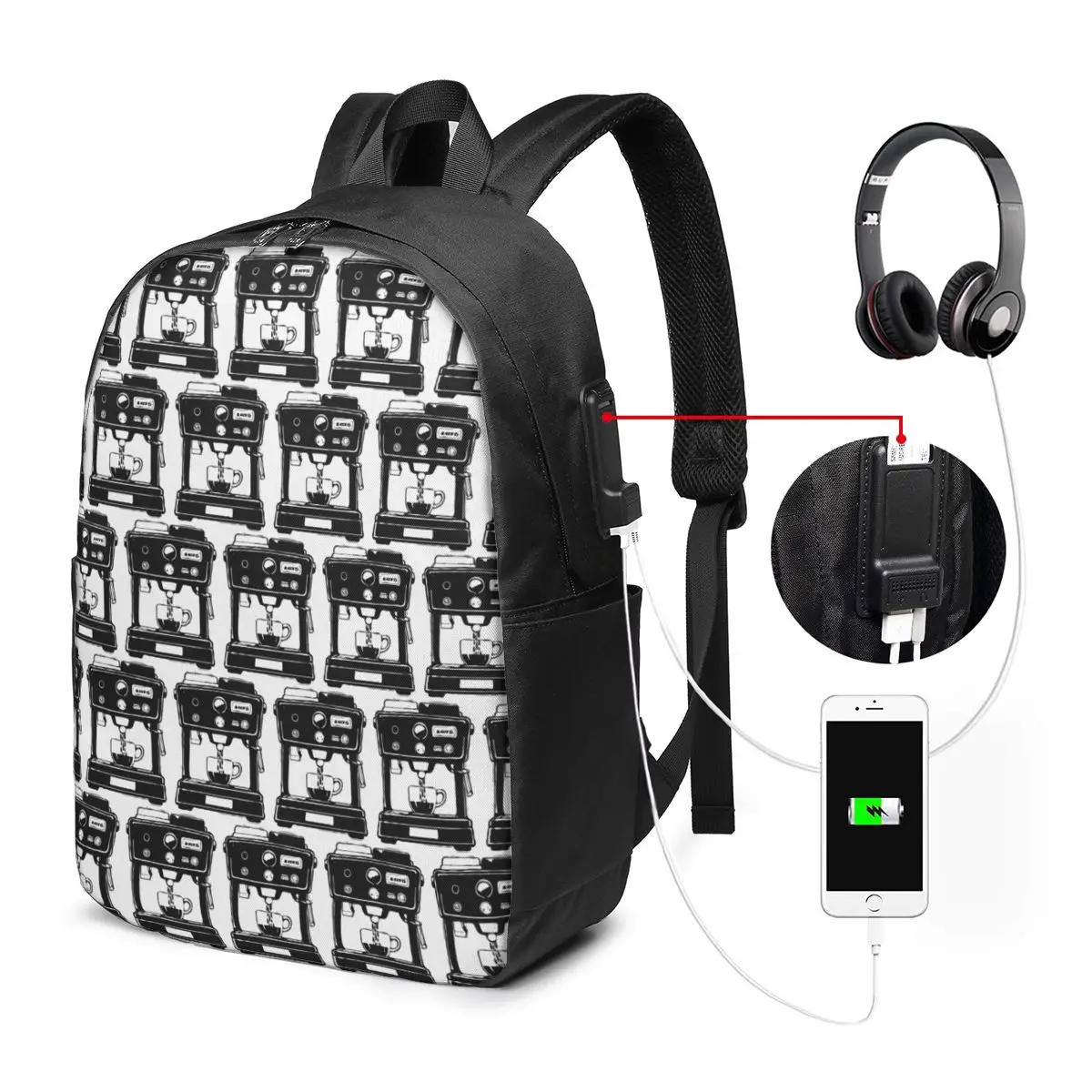 Vintage Coffee Machine And Espresso Bar Backpack Travel Notebook Bag Computer College Student School Bag Laptop Shoulder Bags