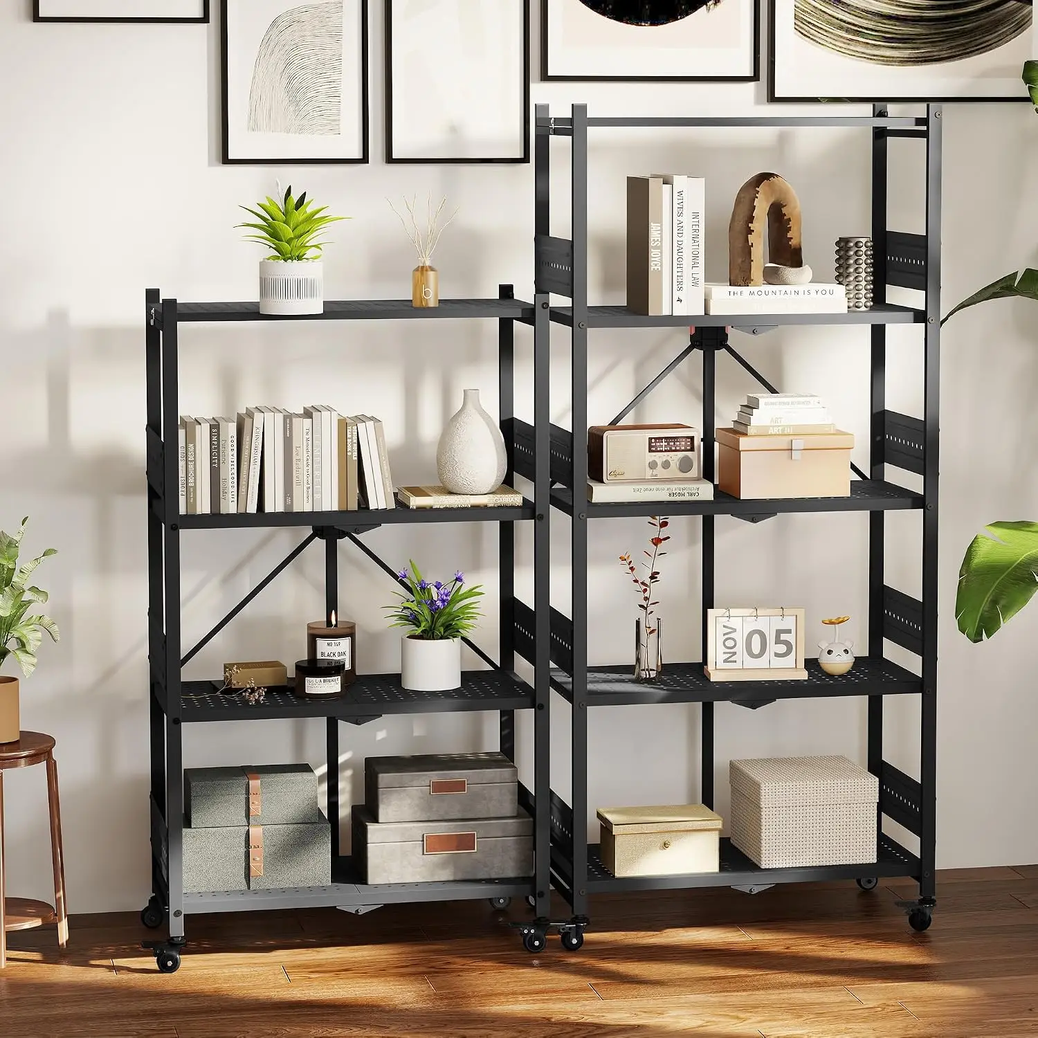 Collapsible Folding Storage Shelf Metal Rolling Rack With Leveling Feet For Kitchen Pantry Bathroom Closet Organization