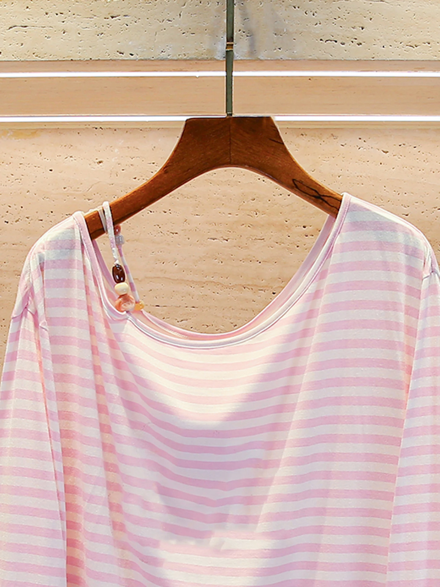 

Sweet Beaded oulder Loose Striped T-irt Women's Top Ele Commute Sle Casual Classic Pattern Long Sve Crew Ne