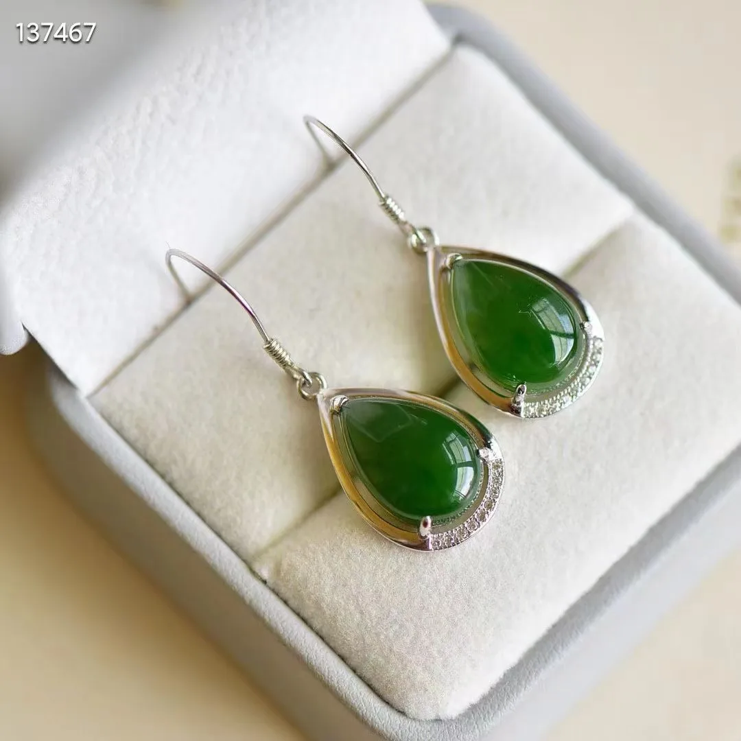 

Natural 100% real 925 sterling silver earrings mosaic Droplet shape green hetian jade fashion Earrings temperament women gift