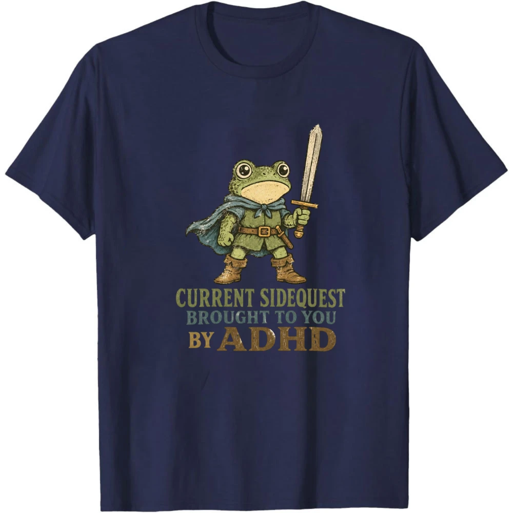 ADHD Side Quest Frog Knight Graphic T Shirt Men Vintage DND RPG Warrior Frog Sword Cape Print Gamer Mental Clothes