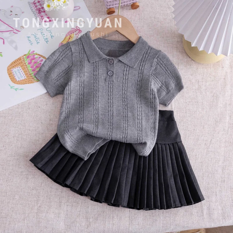 

Girls' Summer Suit2025Trendy and Fashionable Girls' Solid Color Clothing for KidspoloShirtTShirt Pleated Skirt Two-Piece Set