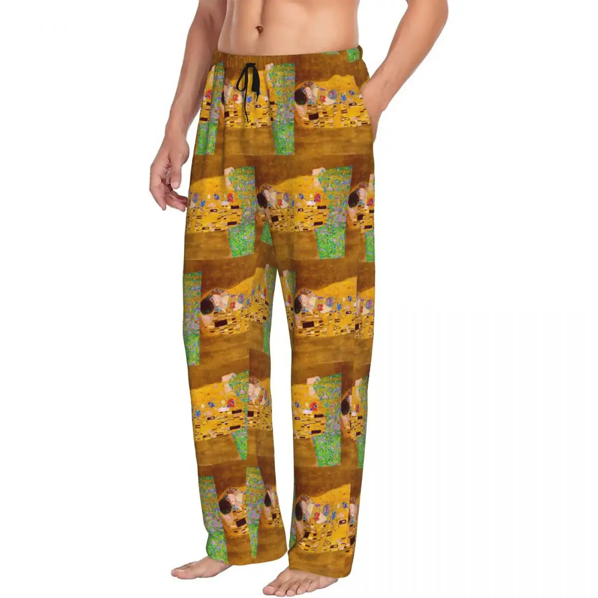 Custom Gustav Klimt The Kiss Abstract Freyas Art Pajama Pants Men Sleepwear Sleep Lounge Bottoms with Pockets