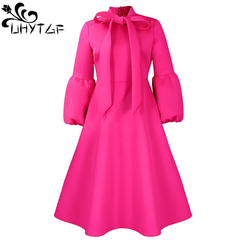 

Women's Dresses 2023 New Bowknot Collar Bubble Sleeve Binding Skirt High Waist Dress European American Dress Female 2481