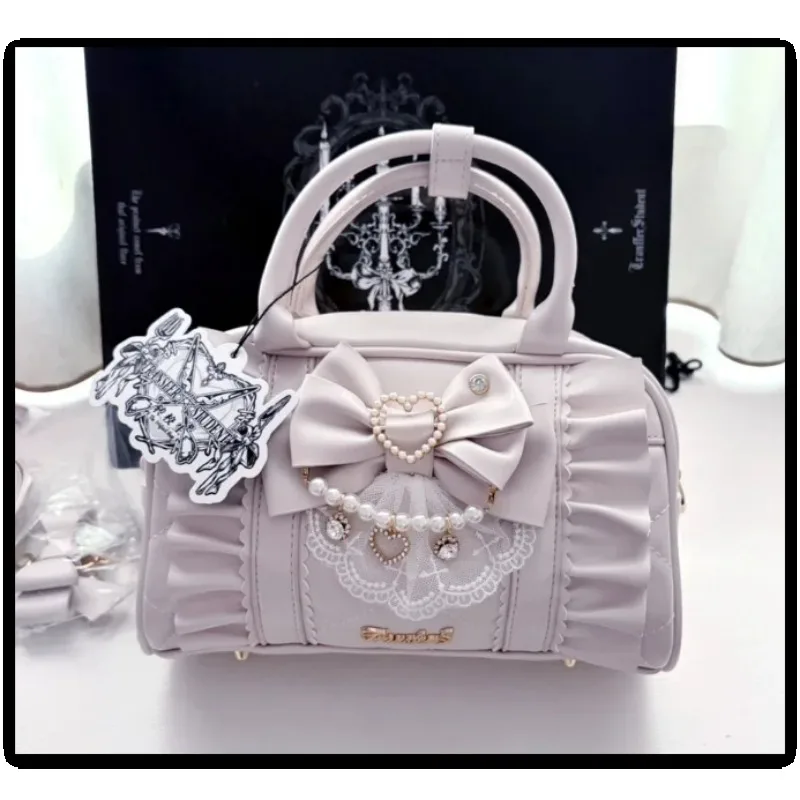

Japanese Sweet Lolita Pu Leather Bag Pearl Pleated Bow Lace Zipper Large Capacity Handheld Single Shoulder Bag Backpacks Women