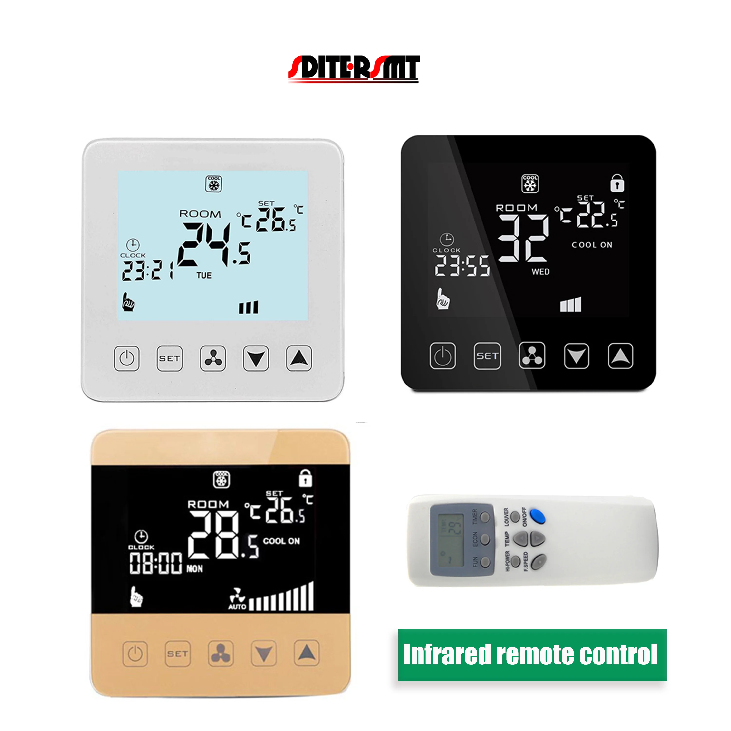 SDITERSMT EU Thermostat Wireless Remote Control for Fan Coil Unit 2P/4P Valve Heating Cooling Key Lock