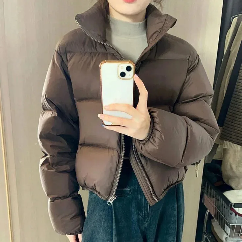 Down Cotton Jacket for Women Autumn Winter Thickend Warm Short Parkas Female Solid Versatile Zip Stand Collar Cotton-Padded Coat