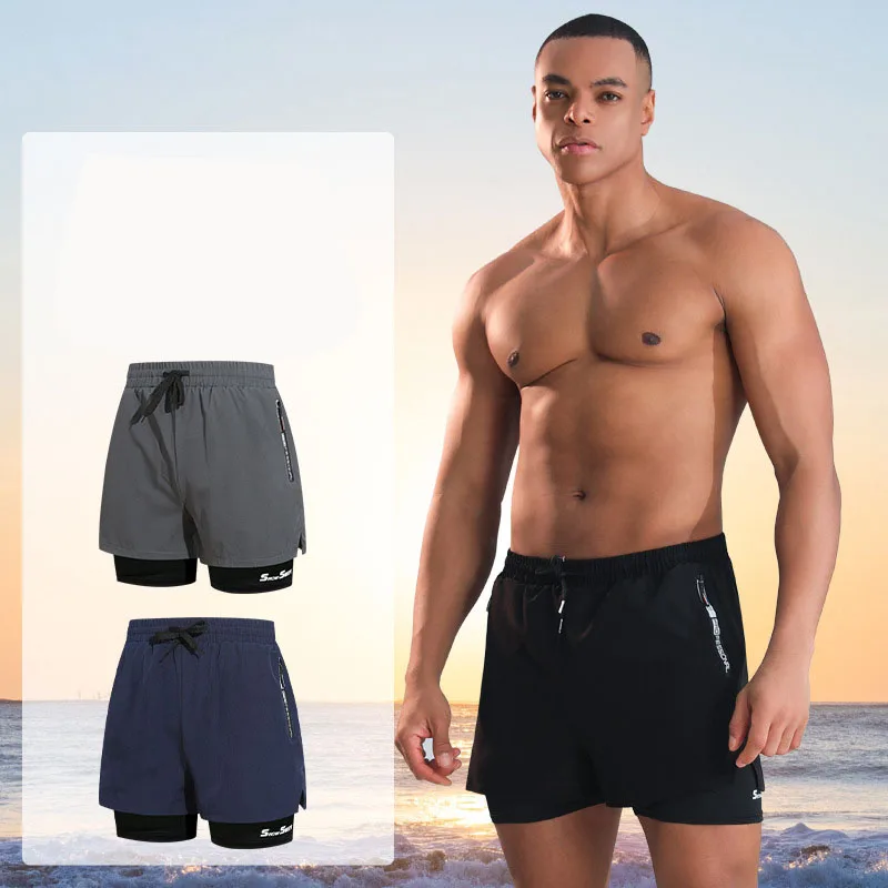 Men's Double-layer Swim Trunks Flat Angle Adult Quick-drying Anti-embarrassment Swim Trunks Beach Pants Spa Swimming Kit