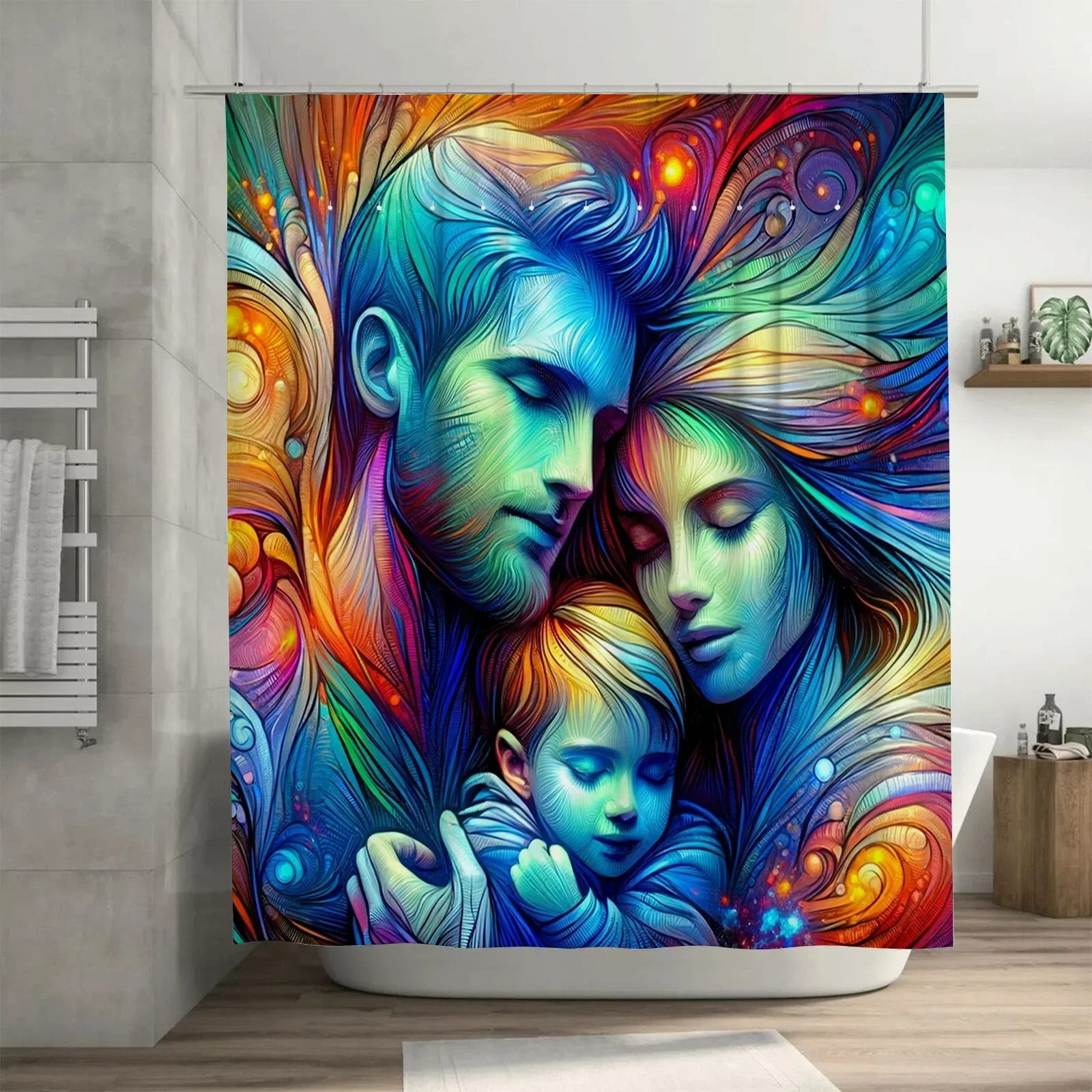 

~O~Parents' EmbraceAbstract Art Shower Curtain - Vibrant Family Design for a Cozy and Stylish Bathroom Experience