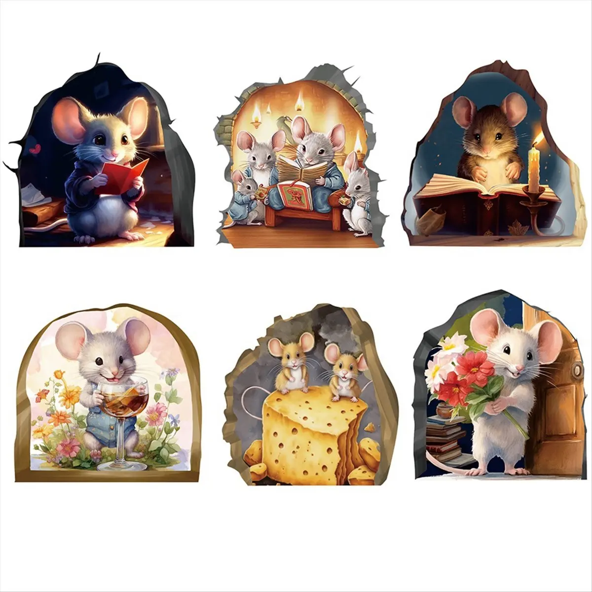 LUCK 6PCS Cute Wall Decals Adorable Mouse Reading Book Kids Room Wall Decor Sticker Decal, Home Decoration,A