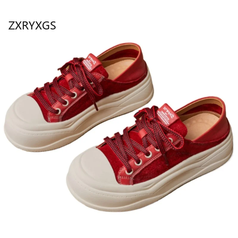 ZXRYXGS Top Cowhide Full Genuine Leather Sneakers Fashion Casual Shoes 2025 Spell Colors Splicing  Lace-up Women Trendy Shoes