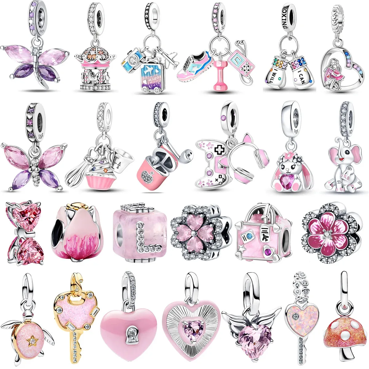 Abalorios y colgantes originales de Plata de ley 925 rosa con diseños de avión, corazón, mariposa y flor, compatibles con pulseras y collares, para joyería DIY y regalo