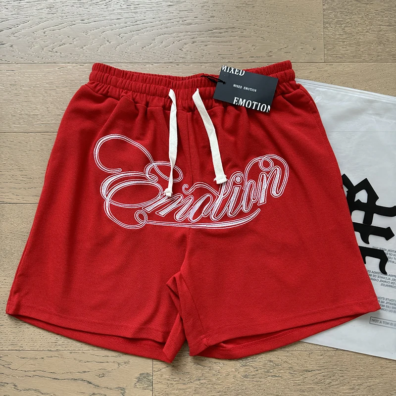 

Красный логотип с вышивкой, смешанная ЭМОЦИЯ, повседневные шорты, летние дышащие спортивные штаны из вафельной ткани, мужские и женские свободные брюки на шнурке